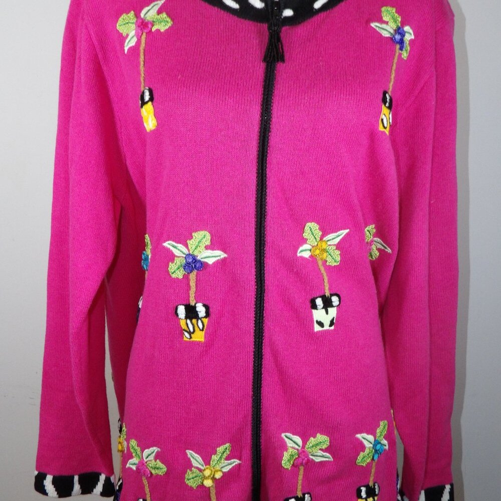 Just B Pink Sequined Beaded Flower Zip Up Cardigan Sweater Size Large - Picture 5 of 7